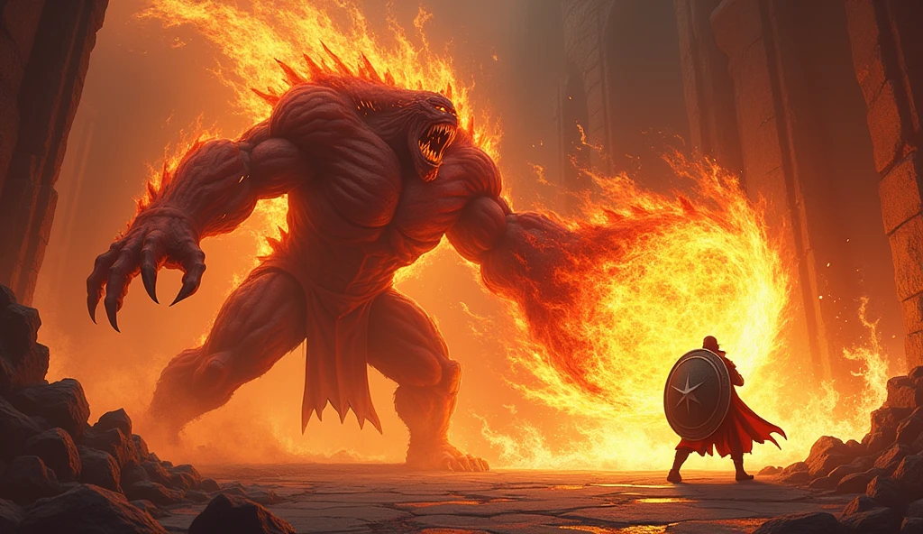 Ifrit attacked first, swinging his massive arm like a wave of lava sweeping across the room. Kael the paladin immediately created a large shield to protect the group, but Ifrit's attack was too powerful. The shield cracked, and Kael was thrown backwards.