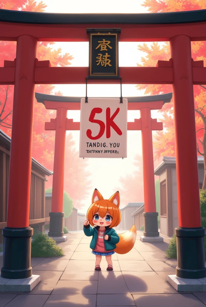 masterpiece、 digital art、 Poster Designs 、Inari Shrine torii gate 、 little character、 cute、Fox Girl、It's hanging a sign saying “5K 　favorite　 thank you”