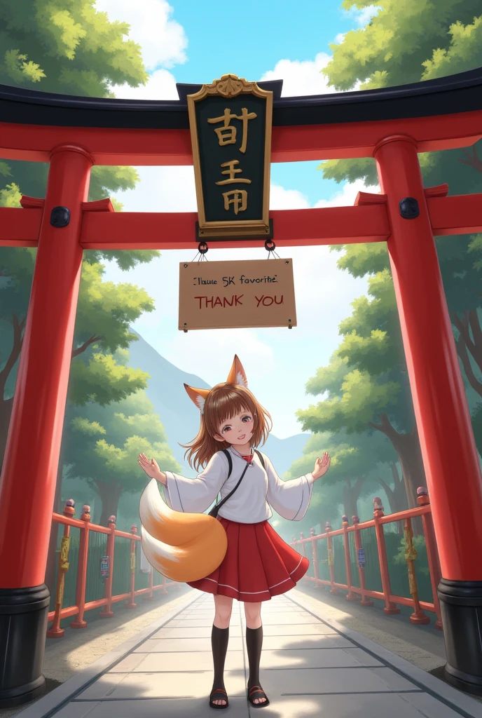 masterpiece、 digital art、 Poster Designs 、Inari Shrine torii gate 、 little character、 cute、Fox Girl、It's hanging a sign saying “5K 　favorite　 thank you”