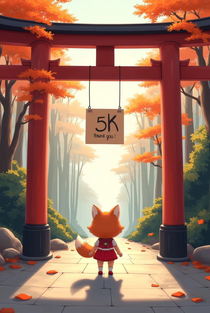 masterpiece、 digital art、 Poster Designs 、Inari Shrine torii gate 、 little character、 cute、Fox Girl、It's hanging a sign saying “5K 　favorite　 thank you”