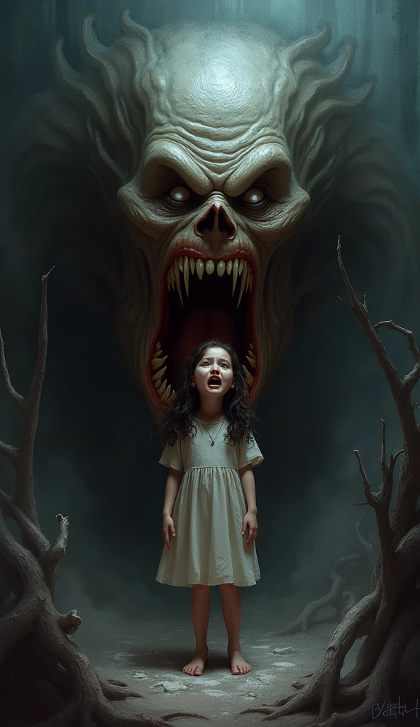 Demon with long horns and knife in hand scaring bloody maidens