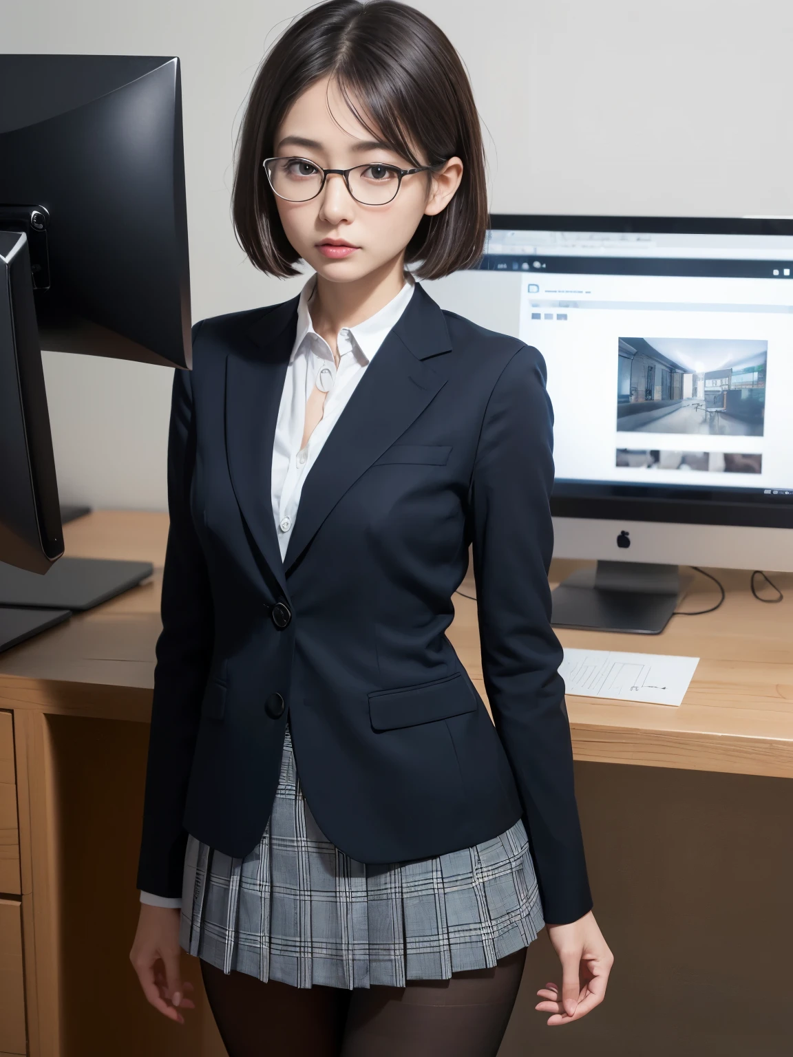 (((1 person)))、(((Alone)))、 An office lady in her 20s poses and takes a picture、( Long Bob Cut )、 、Cheeky、cool、Wearing a light blue shirt、 is thin、 Hands Behind 、Fair skin、 white skin、 head from thigh、Fits perfectly inside the frame、( and their bodies are facing the front)、 Watching Viewers 、( monitors where )、 is standing、 real、Too thin、((Small face))、( small )、( small胸)、( black pantyhose )、( black pantyhose )、 blazer、victory、 tsundere、(Single Knot)、(suit)、 blue and white plaid navy blue pleated skirt、anger、 small、Glasses、 slim girl model pictures、Physical:The smallest middle-aged man in history、 female model、 Japanese Female Fashion Model 、(8k、 RAW photos、 top quality、 top quality、masterpiece:1.2)、(Genuine、Photographically:1.37)、 more details、masterpiece、 high resolution、 Ultra Fine、 Photorealistic 、Office District、((( )))