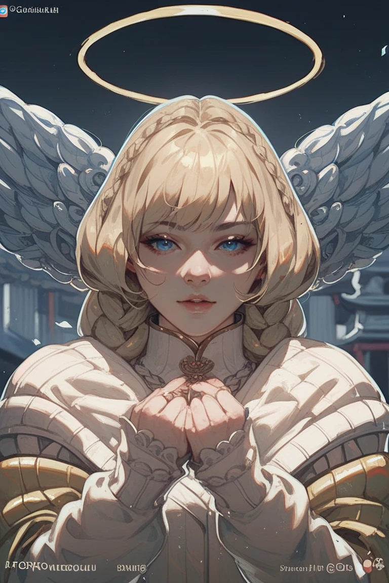 <lora:jellystyle:0.8>, beautiful woman wearing a simple white dress, curled brown hair, brown eyes, angel wings, stained glass windows || masterpiece, perfect quality, sharp focus, shallow depth of field, 8k