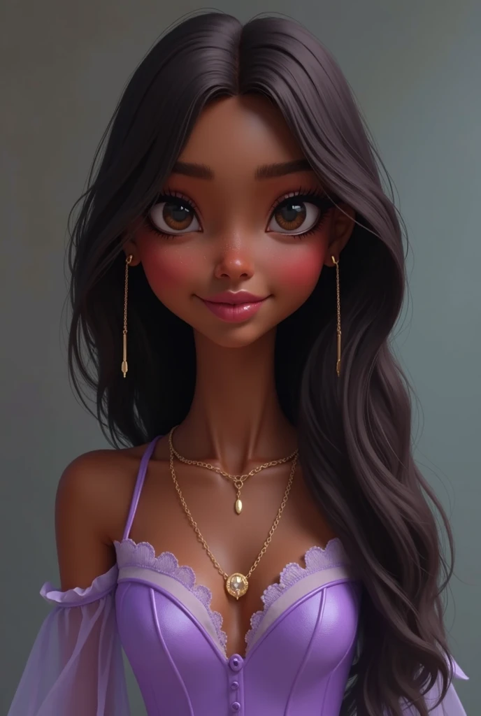 I would like to create a brunette princess with black skin(dark), Straight hair , ( that reaches her shoulders ) wearing a light purple dress . The girl's face must have a Roman nose or a nose bridge. I want it to be a little more realistic
