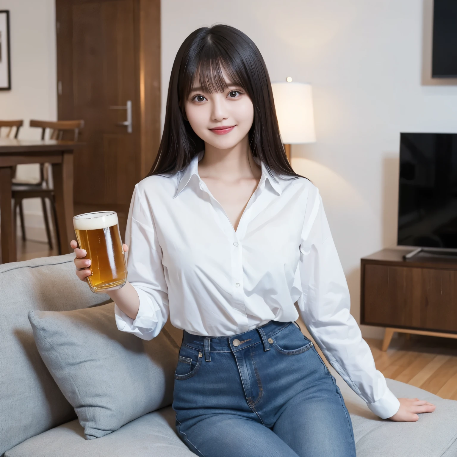  white shirt,  jeans,  Modern Living Room ,  Lightly Lift Your Beer Glass, Smile,  looking at camera, Adult Celebration ,  Elegant and Casual ,  girl, busty,  black hair,  straight hair,  with bangs, 's greatest masterpiece,  professional lighting, Lighting from the front, reflex version