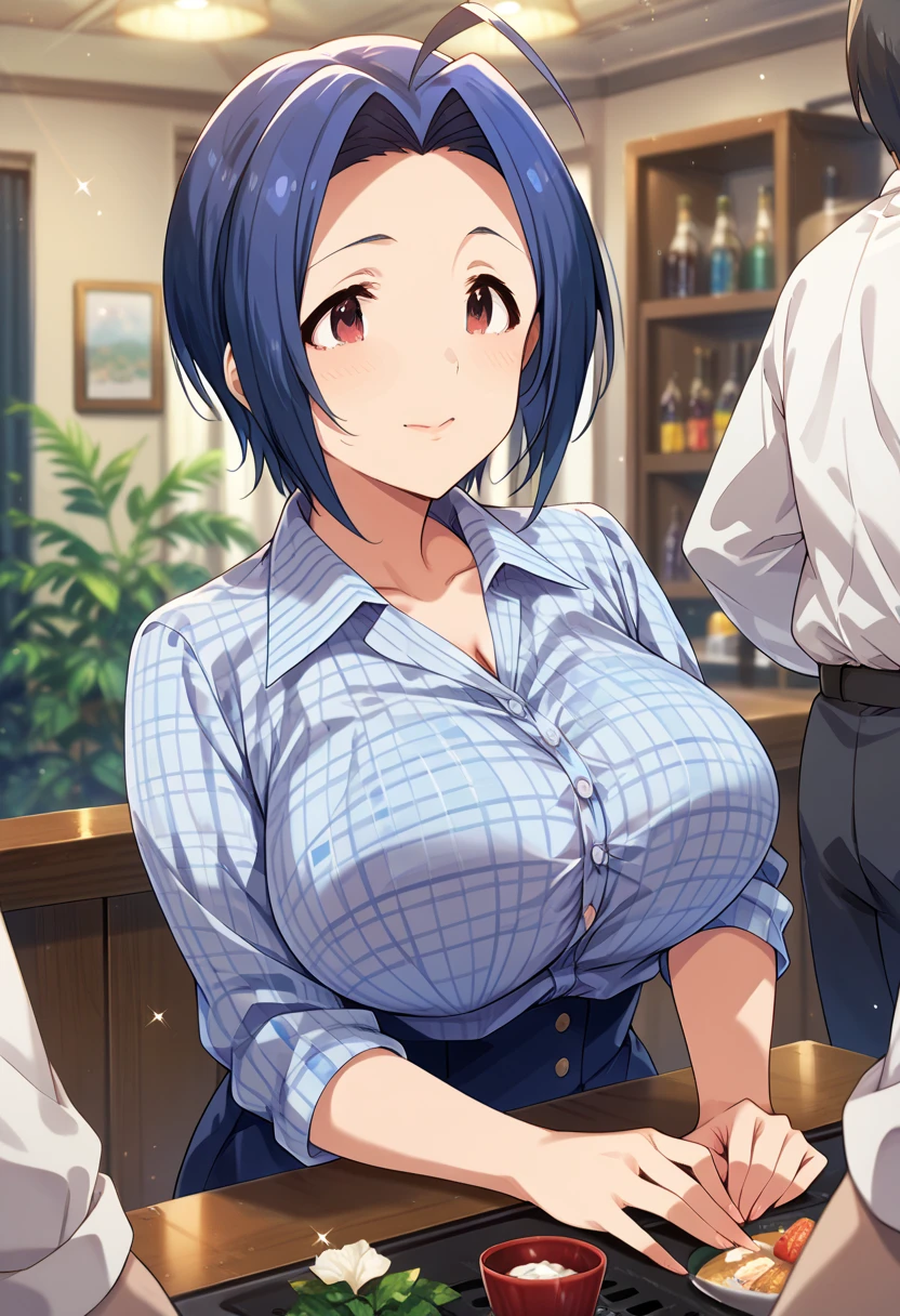 miura azusa、murazz, short hair, blue hair, ahoge, brown eyes, red eyes,  huge breasts、Middle-aged fat man 、There is eroticism、Reception　bar　Troubled face