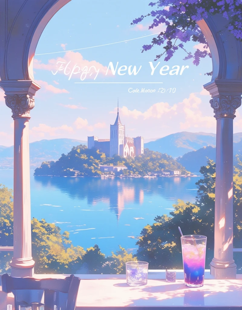 ("Happy New Year" will be displayed on the screen as a header. new year poster, Tourism poster). 
Tihanyi Bencés Apátság, Tihany Abbey in Hungary, Overlooking Lake Balaton, from the cafe terrace, The clear blue of Lake Balaton blends in with the sky, Amazing views, Ultra Wide Angle. Clear lavender juice on the table.  
xijie_blue, soft color