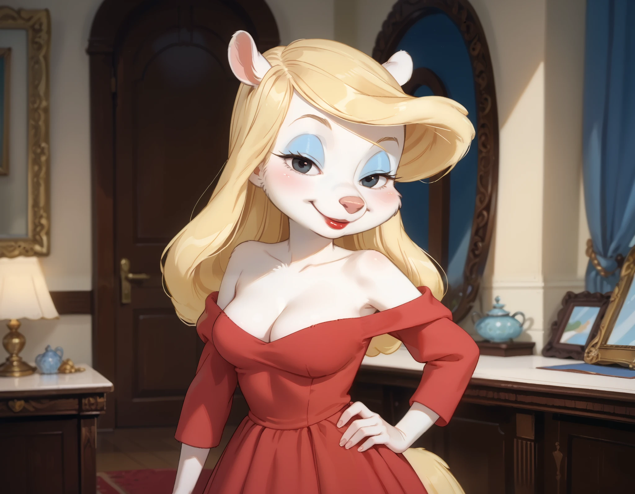 masterpiece,best quality, highly detailed, score_9, score_8_up, score_7_up, score_6_up,BREAK minerva mink, 1girl, white fur blonde hair, fluffy blonde tail, solo, black eyes, long hair, wearing a glittery red dress with a side cut, standing, one hand on hip, makeup, smile, lipstick, medium breasts, cleavage, seductive pose, indoors