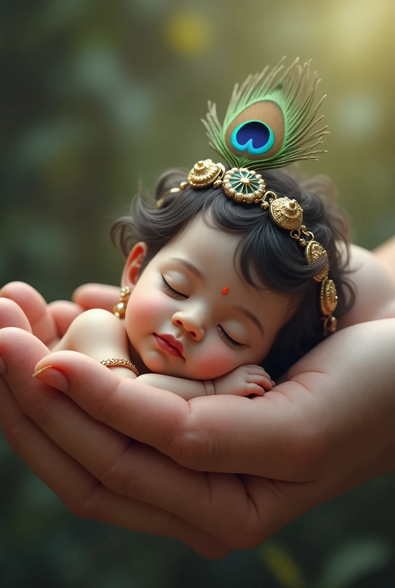 Baby Shri krishna with divine face sleeping in busket  on basudeb head in river and above    basuki naag   snakes  big hood shelter to          protect from rain.   fantasyreal.