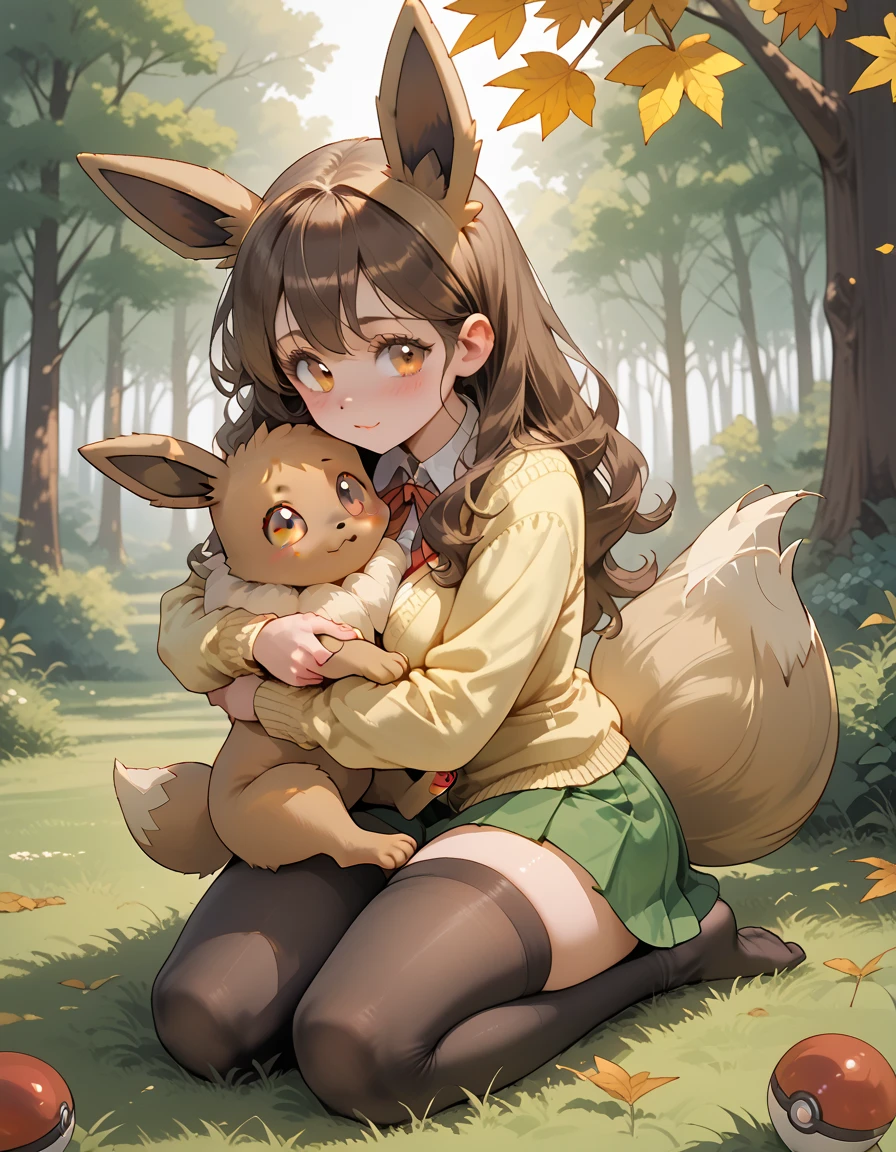 A  girl with long brown hair, amber eyes, huge breasts, thick thighs, white blouse, yellow cardigan, black stockings, green skirt, red ribbon, high school girl, grass, warm light, afternoon, shy gaze, adorable, pokemon trainer, pokeball, forest, pokemon, hugging, hugging a eevee, eevee, filtering lighting, light filtering through leaves, raytracing, chiaroscuro lighting