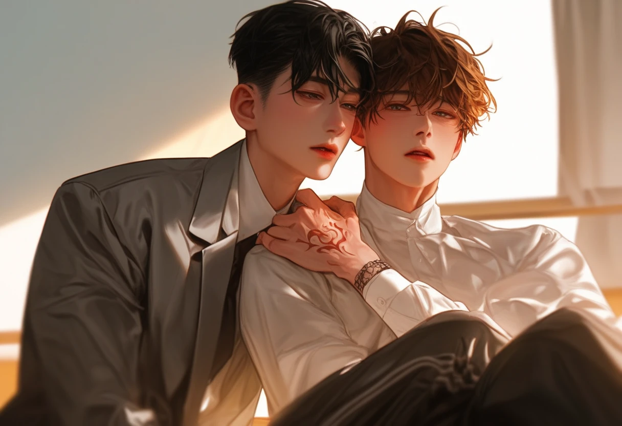  sunshine，Boy Couple  ，Two men， At the same table，In the classroom，Gray suit, school uniform ， Korean comic style ，Lean on your shoulders， young and energetic， Good condition ，  Smooth Skin， Very handsome脸瓜子脸，龙Tattoo，  Korean comic style  ，muscle，  White Skin，Tattoo， Wet Hairstyle  ，pant ， Young Boy ，  Charming eyes  ， Very handsome，头Lean on your shoulders