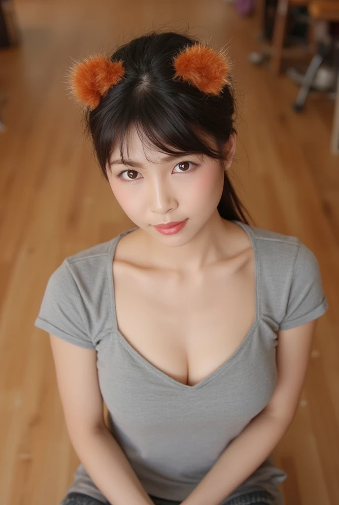 gorgeous 18 year old girl.  natural breasts , Epic Cleavage.  ponytail.  slightly open mouth . Slim grey cashmere shirt ,  visible nipples,  Shot from above .  Aerial view ， She looked up at the viewer . close up.  Kneeling on a Wooden Floor , Keep your chest up,  realistic red panda ears 