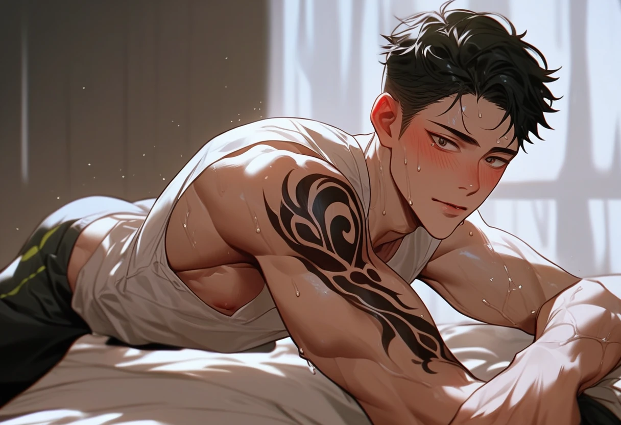 A male，   from the room ，fitness，Sit-up position， Korean comic style ， young and full of energy， Good condition ，  Smooth Skin， Very handsome脸瓜子脸，龙Tattoo，  Korean comic style  ，muscle，  White Skin，Tattoo， Wet Hairstyle  ，  sweating ， sweating ，pant ， blush，  Charming eyes  ， Very handsome