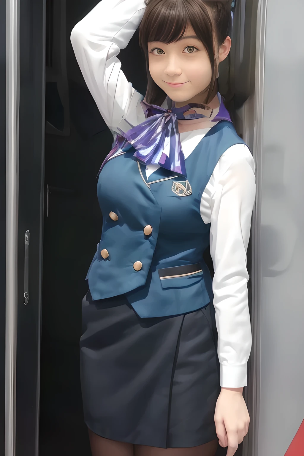 ( masterpiece :1.2, Top Quality:1.2), 32kHDR, Kampala , (alone、 1 girl)、(what 、 professional lighting )、In-flight background、(Nankai Train crew uniformを着たリアルなスタイル)、((Nankai Train crew uniformのグリーンのベスト))、((Nankai Train Crew Uniform Collarless White Long Sleeve Blouse )) 、((Nankai Train crew uniformの黒の巻きキュロットスカート 、 Put a scarf around your neck ))、 Has a lot of dark brown hair 、( Super Long Hair Wrap Hair、 Braid Summary Hair )、 Has a lot of dark brown hair 、 long hit 、Big Breasted 、Thin legs、(( Amazing hands :2.0)),(( Harmonious physique :1.5)),((Normal limb:2.0)),((Normal :2.0)),(( Delicate Eyes :2.0)),((Normal goal :2.0)))、smile、(Nankai Train crew uniformを着た美しい姿)、 with hands folded under the body