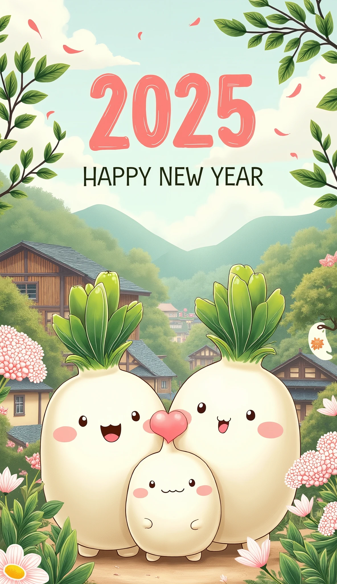  spray art、 Characters /(cute Japanese white radish  Characters ), lace fabric, ultra detail,text:"Happy new year",text:2025 ,( top quality,4K,8k, high resolution,masterpiece:1.2),[Rural Village],illustration, Soft tone,peaceful