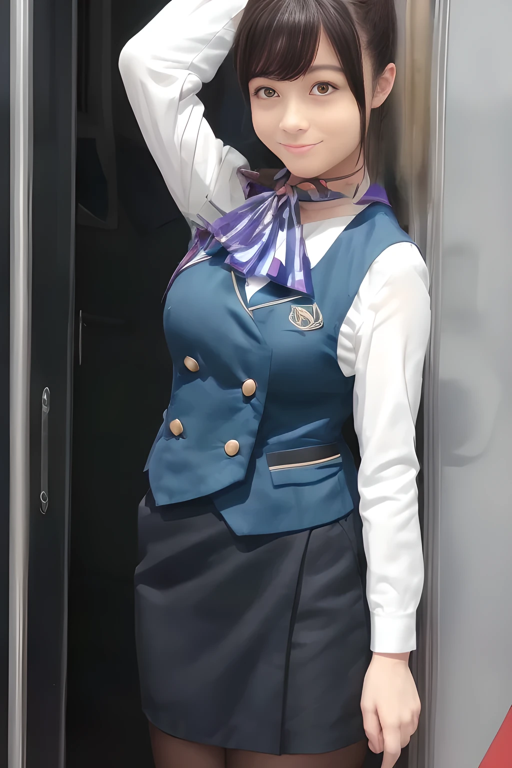 ( masterpiece :1.2,  Top Quality:1.2), 32kHDR,  Kampala , (alone、  1 girl)、（what 、  professional lighting ）、In-flight background、（Nankai Train crew uniformを着たリアルなスタイル）、（（Nankai Train crew uniformのグリーンのベスト））、（（Nankai Train Crew Uniform Collarless White Long Sleeve Blouse ）） 、（（Nankai Train crew uniformの黒の巻きキュロットスカート 、 Put a scarf around your neck ））、 Has a lot of dark brown hair  、（  Super Long Hair Wrap Hair、 Braid Summary Hair ）、 Has a lot of dark brown hair  、  long hit  、Big Breasted 、Thin legs、（（ Amazing hands  ：2.0）），（（ Harmonious physique  ：1.5）），（（Normal limb：2.0）），（（Normal ：2.0）），（（  Delicate Eyes ：2.0）），（（Normal goal ：2.0））)、smile、（Nankai Train crew uniformを着た美しい姿）、 with hands folded under the body 
