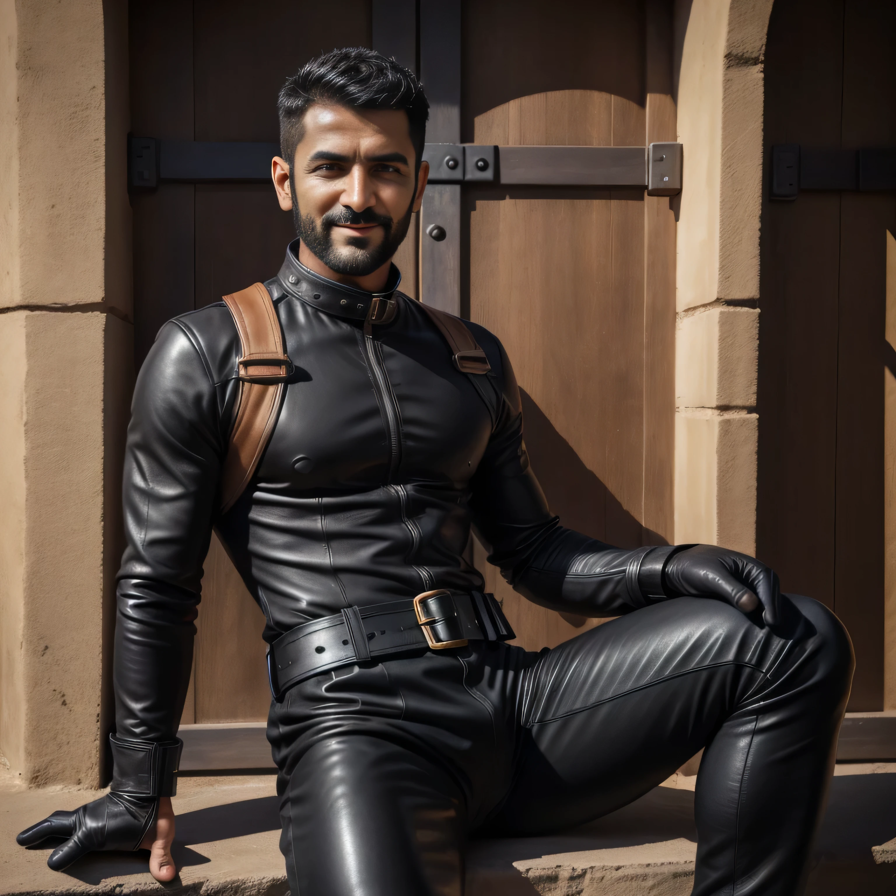 40 years old, One Man,、 black bodysuit 、Shocker Belt、 black gloves 、 with a pistol on your waist、In front of the gate、alert 、 logic, , black hair、Short Hair。 very short hair 、 handsome fighter Handsome Arabian face sits with legs open 、View from below。 upper body up Black leather pants Smile