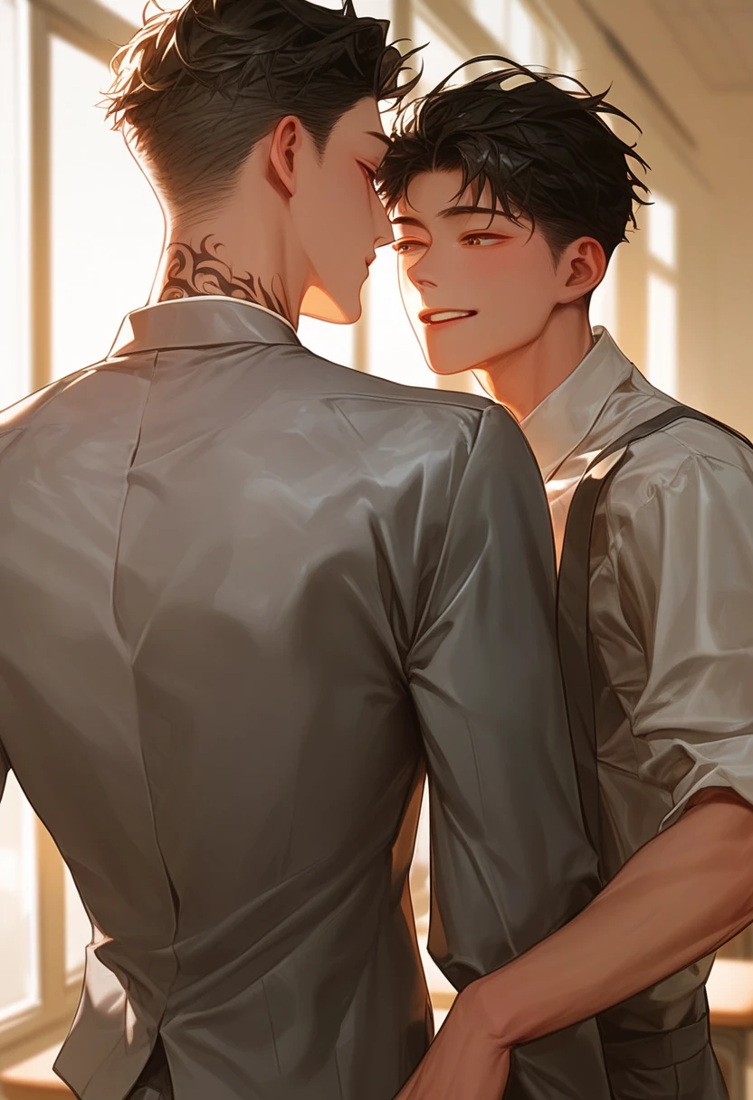  sunshine，Boy Couple  ，Two men，In the classroom，Gray suit, school uniform ， Korean comic style ，Lean on your shoulders， young and energetic， Good condition ，  Smooth Skin， Very handsome脸瓜子脸，龙Tattoo，  Korean comic style  ，muscle，  White Skin，Tattoo， Wet Hairstyle  ，pant ， Young Boy ，  Charming eyes  ， Very handsome，The phone is on the shoulder 