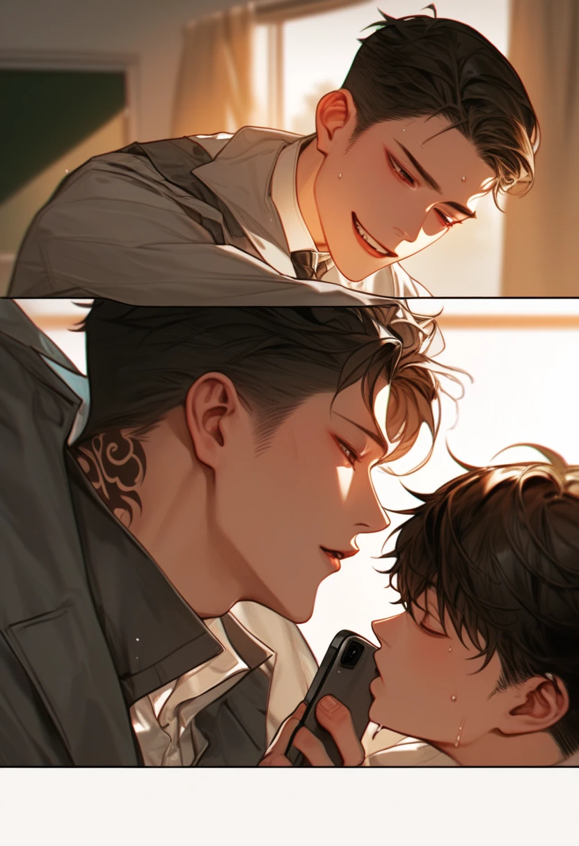  sunshine，Boy Couple  ，Two men，In the classroom，Gray suit, school uniform ， Korean comic style ，Lean on your shoulders， young and energetic， Good condition ，  Smooth Skin， Very handsome脸瓜子脸，龙Tattoo，  Korean comic style  ，muscle，  White Skin，Tattoo， Wet Hairstyle  ，pant ， Young Boy ，  Charming eyes  ， Very handsome，The phone is on the shoulder 