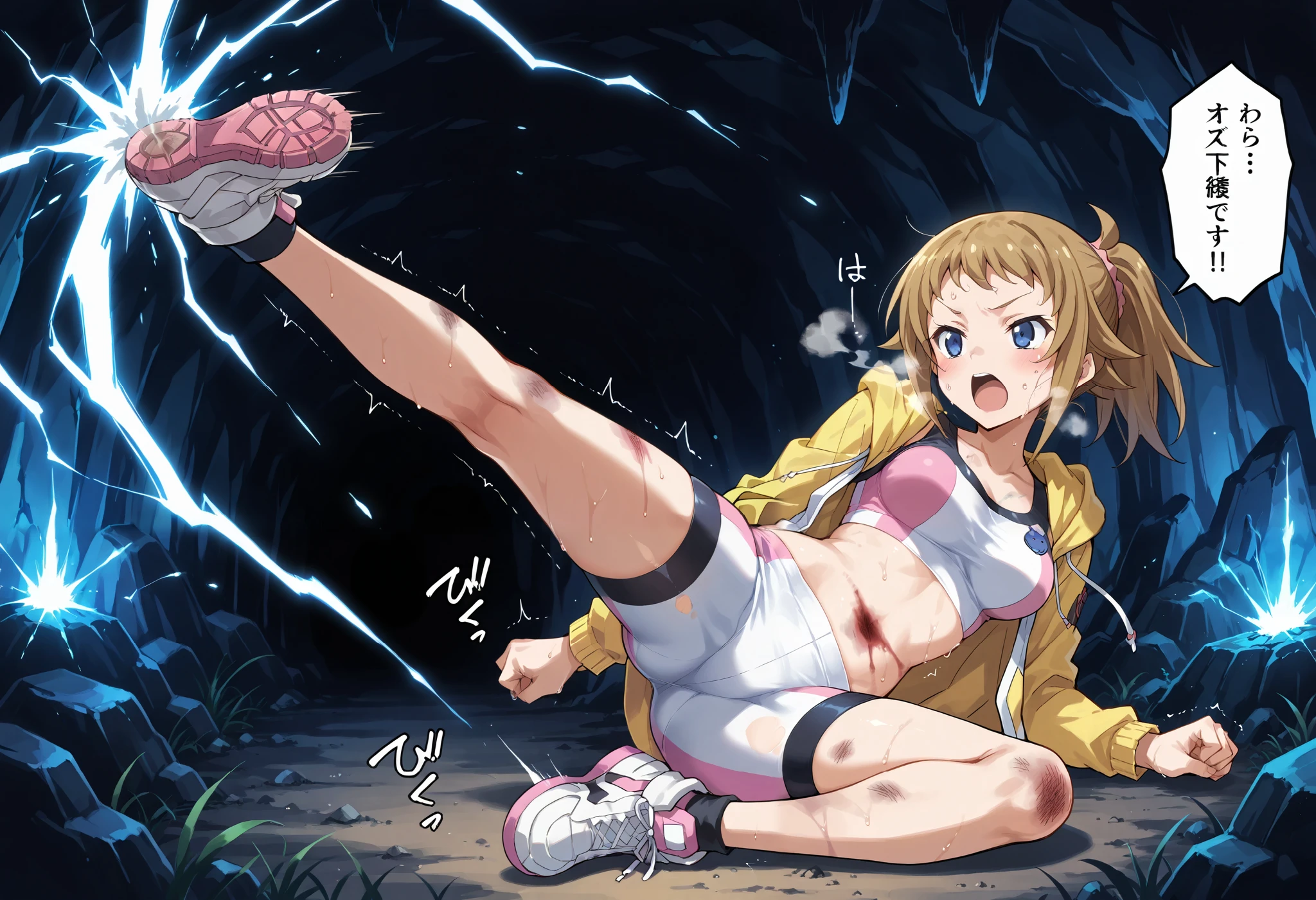 score_9, score_8_up, score_7_up, source_anime,BLE, BREAK 1girl,full body, fumina hoshino, Hoshino Fumina, brown hair, ponytail, scrunchie,medium breasts, blue eyes, yellow jacket, Hoodie, collarbone,long sleeves,bike shorts, sports bra, white sports bra, white bike shorts, pink sports bra, pink bike shorts, sweating,steaming body, BREAK, laying,shiny skin, shiny, oily skin, oily face, ((cave)), night,dark,(outdoors), shadows, look side,,(((Sweat:1.4))),nsfw,(((whole body))),sweaty,,(bruise),dirty, (((night-time))), midnight, (((dark))),(((breathing:1.4))),(((breathing))),(((Trembling))),full body,((Watery eye)),(((pain)),(((Enduring))),((torn clothes)),(open mouth),(a little closed eyes),Dynamic pose,(((trying to escape))),((torn clothes)),((POV hand grab breast))(((girl's one arm covering torn clothes))),(((girl's one arm covering chest)))explicit,speech bubble, pink voice ,(((hentai_speech_bubble:1.3))),(((electricity))),sound effects,NSFW,(((regrettable))),,(((electricity:1.45))),side_kick, high kick,axe kick,jumping, foot focuskickingjumping_kick, kicking, from below,speed_lines, motion_blur, motion lines,spinning, sbkick, spread legs,iyaa,