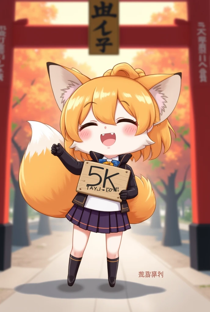 masterpiece、 digital art、 Poster Designs 、 little character、 cute、Fox Girl、It's hanging a sign saying “5K 　favorite　They are holding a sign with “Thank you” written on it,Inari Shrine torii gate 、