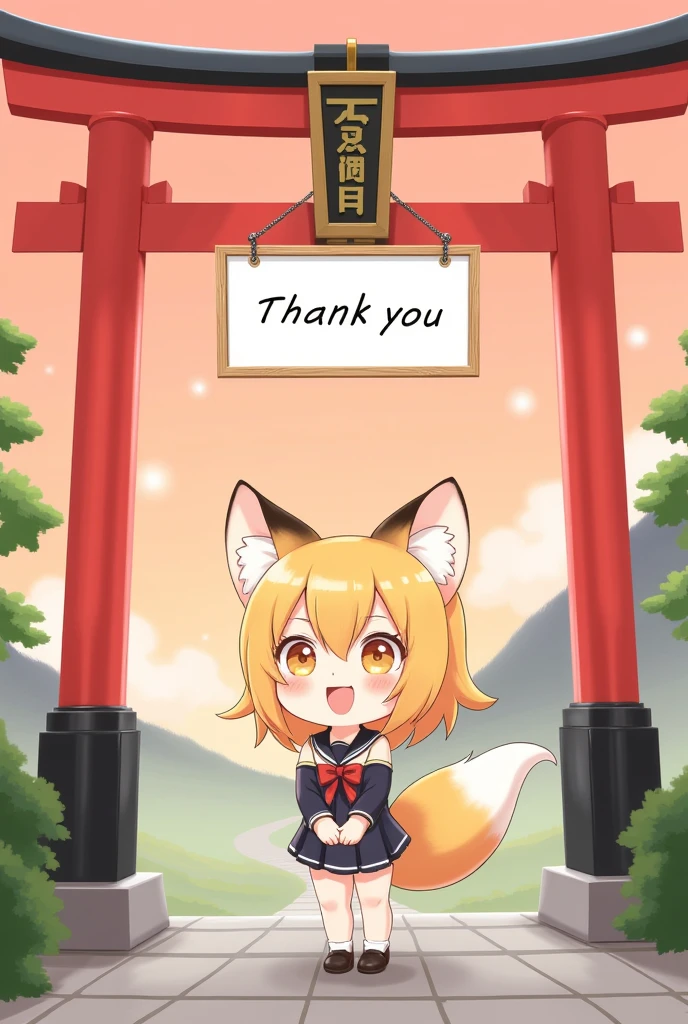 masterpiece、 digital art、 Poster Designs 、 little character、 cute、Fox Girl、It's hanging a sign saying “5K 　favorite　They are holding a sign with “Thank you” written on it,Inari Shrine torii gate 、