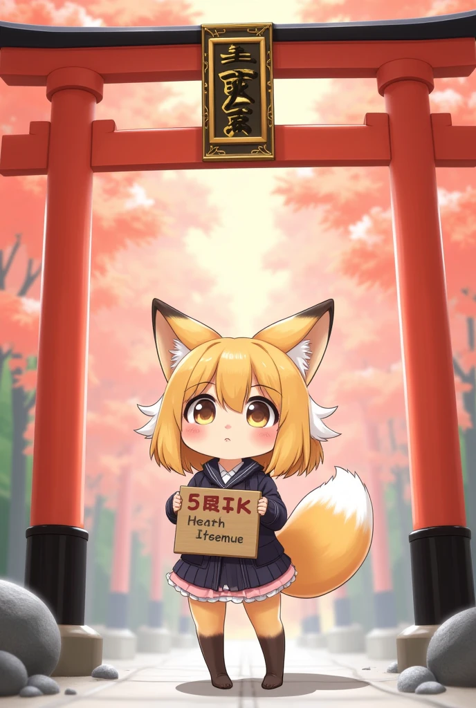 masterpiece、 digital art、 Poster Designs 、 little character、 cute、Fox Girl、It's hanging a sign saying “5K 　favorite　They are holding a sign with “Thank you” written on it,Inari Shrine torii gate 、