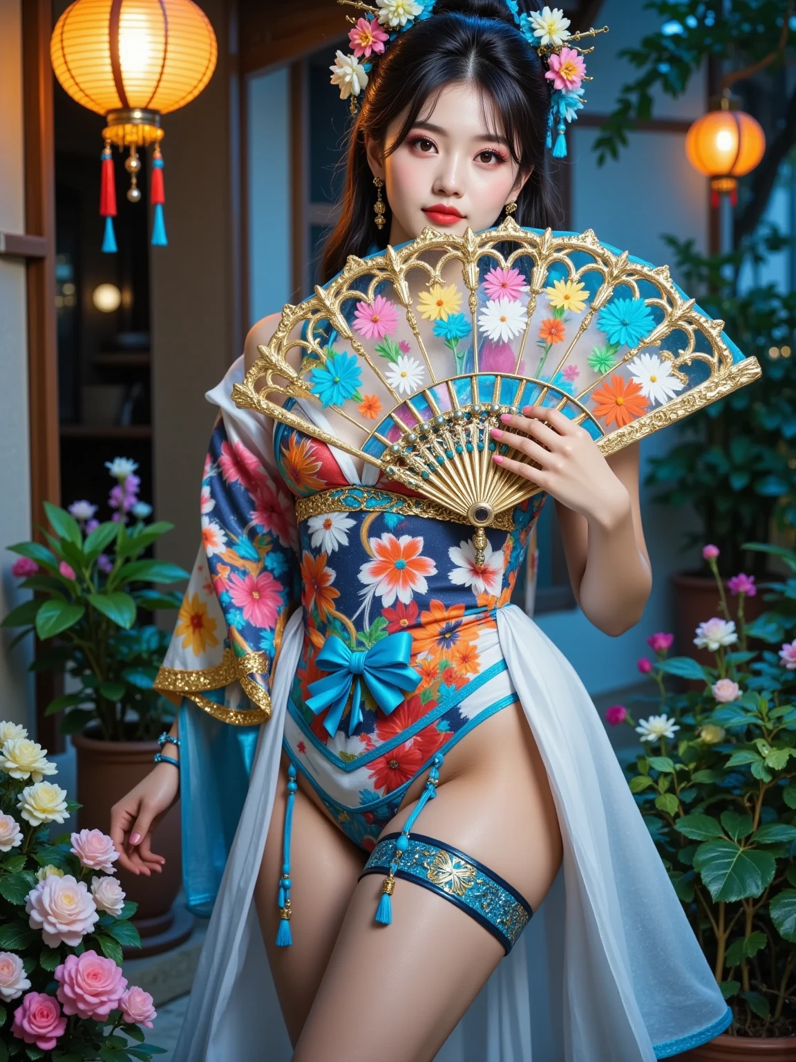 Ultra realistic
portrait, Stunning delicate and refined Chinese woman stands in a quiet garden, holding a magnificent, exquisitely crafted luxurious fan that covers the lower part of her face, and her eyes are open; the fan has an elegant lattice, unique coloring, interweaving of bright feathers and silk tassels that sparkle in the soft golden light of a traditional Chinese lantern; the majestic beauty of the fan, the refined features of the woman's face, her striking gaze, evoke the unrivaled elegance and mystery of the East.