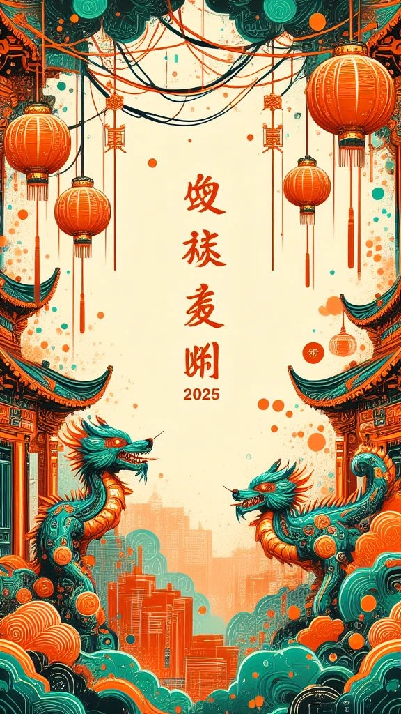 Make a new year poster, chinese art, with text "Happy Prosperous New Year 2025"