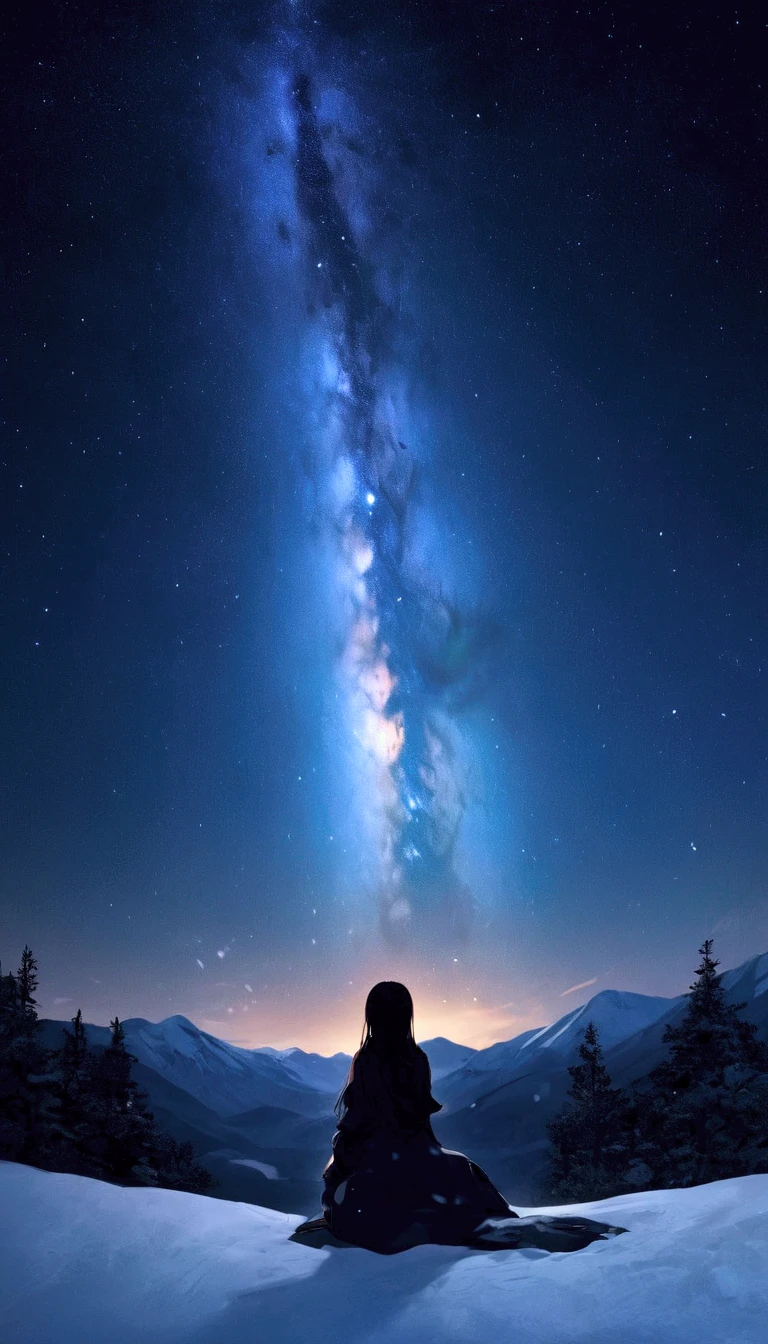 Night Sky, star( Sky),  Scenery, Milky Way,  one girl , solo, Outdoors, Built, Cloud,  Milky Way,  is sitting, tree, Length Hair,  silhouette,  snowy mountains, top quality,High quality details,８Ｋ