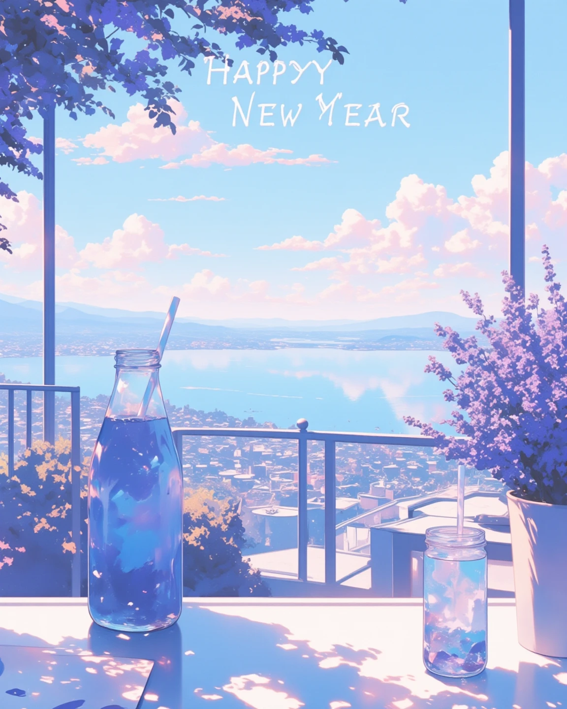 ("Happy New Year" will be displayed on the screen as a header. new year poster, Tourism poster). 
Tihanyi Bencés Apátság, Tihany Abbey in Hungary, Overlooking Lake Balaton, from the cafe terrace, The clear blue of Lake Balaton blends in with the sky, Amazing views, Ultra Wide Angle. Clear lavender juice on the table.  
xijie_blue, soft color