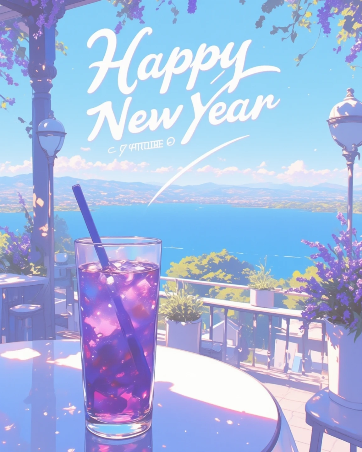 ("Happy New Year" will be displayed on the screen as a header. new year poster, Tourism poster). 
Tihanyi Bencés Apátság, Tihany Abbey in Hungary, Overlooking Lake Balaton, from the cafe terrace, The clear blue of Lake Balaton blends in with the sky, Amazing views, Ultra Wide Angle. Clear lavender juice on the table.  
xijie_blue, soft color