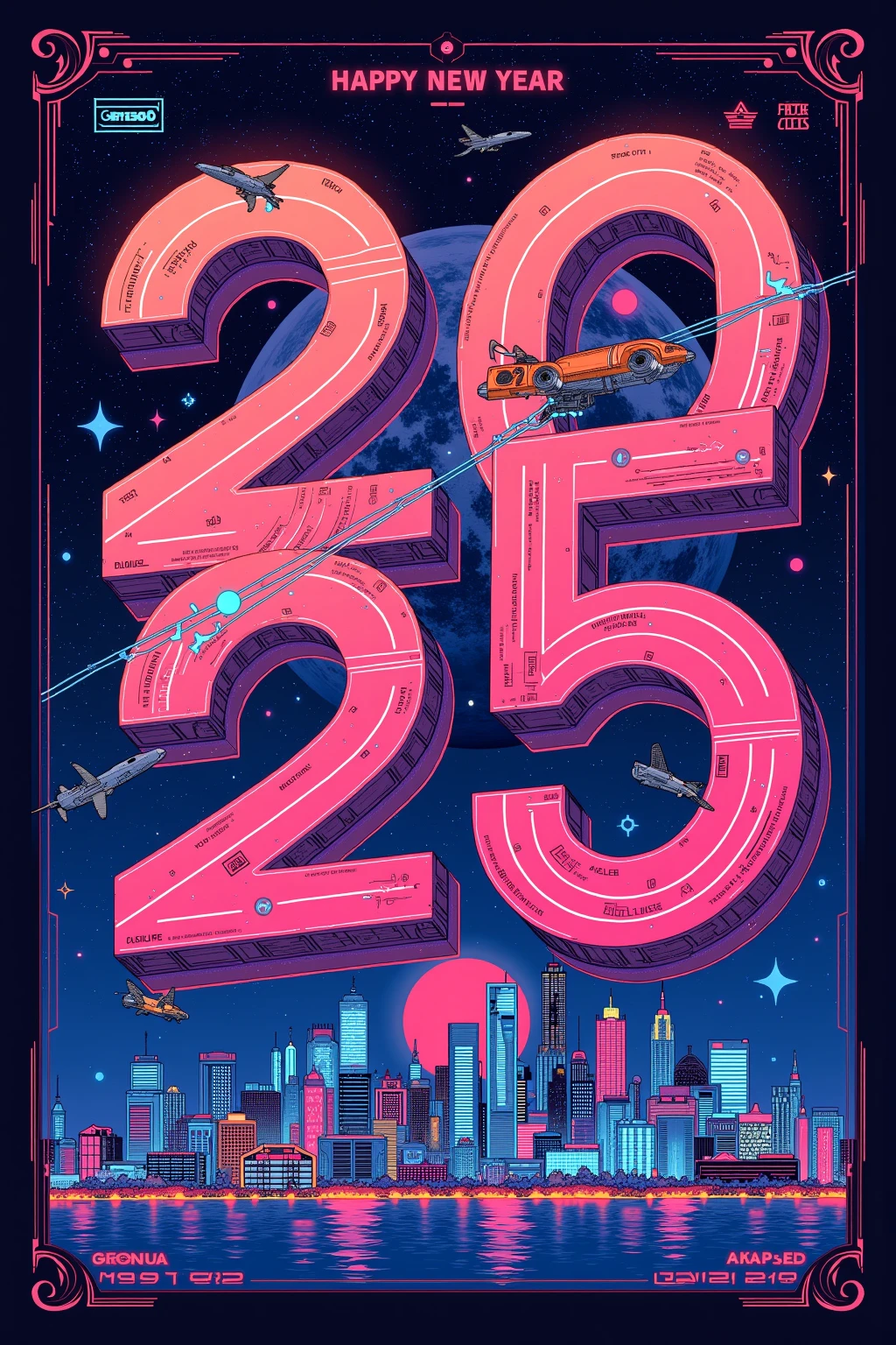 "2025  happy new year" Posters Celebrating the New Year with , Design Combining Past and Future , Retrofuturism , Letters as Headlines {x} Geometric and colorful designs that reinterpret 1980s elements in a modern way,Future Dusk , Transcendent Pink ,  Dynamic Typography , Gradients and Metallic Effects on Posters , Reed Glass-like Transparency 