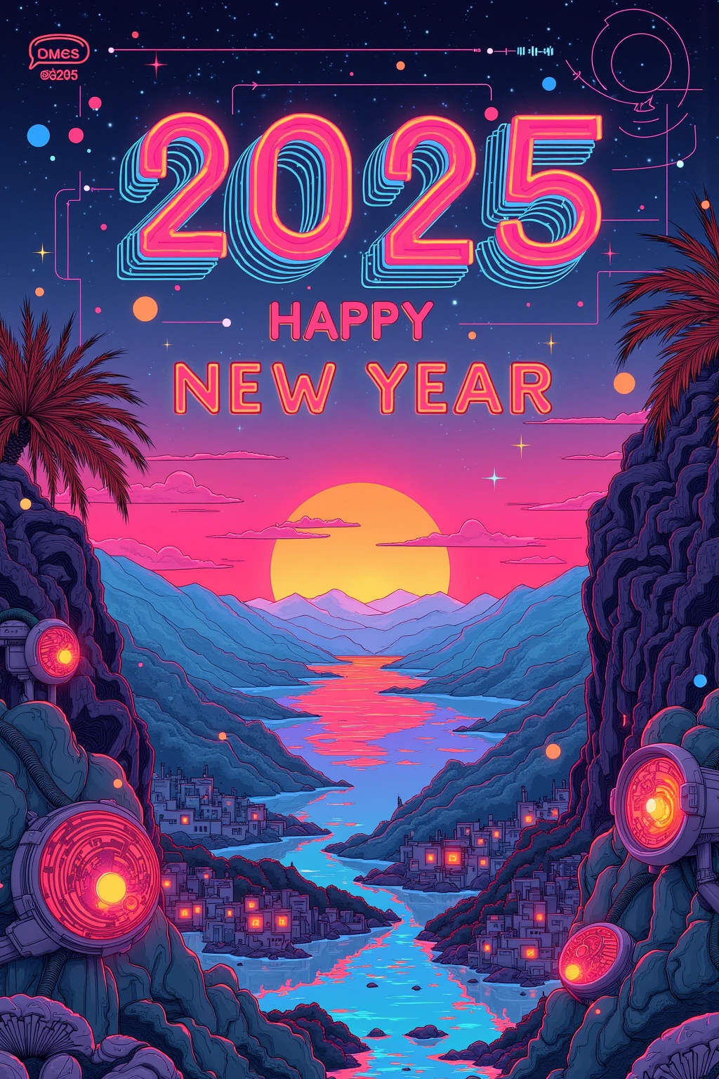 "2025  happy new year" Posters Celebrating the New Year with , Design Combining Past and Future , Retrofuturism , Letters as Headlines {x} Geometric and colorful designs that reinterpret 1980s elements in a modern way,Future Dusk , Transcendent Pink ,  Dynamic Typography , Gradients and Metallic Effects on Posters , Reed Glass-like Transparency 