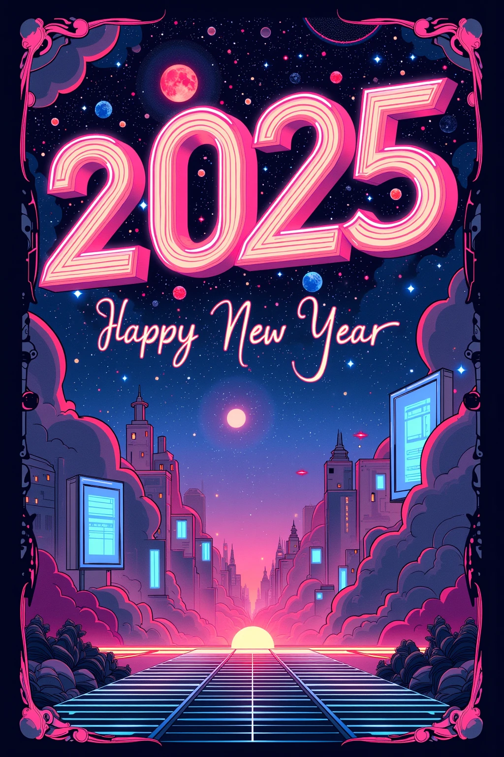 "2025  happy new year" Posters Celebrating the New Year with , Design Combining Past and Future , Retrofuturism , Letters as Headlines {x} Geometric and colorful designs that reinterpret 1980s elements in a modern way,Future Dusk , Transcendent Pink ,  Dynamic Typography , Gradients and Metallic Effects on Posters , Reed Glass-like Transparency 