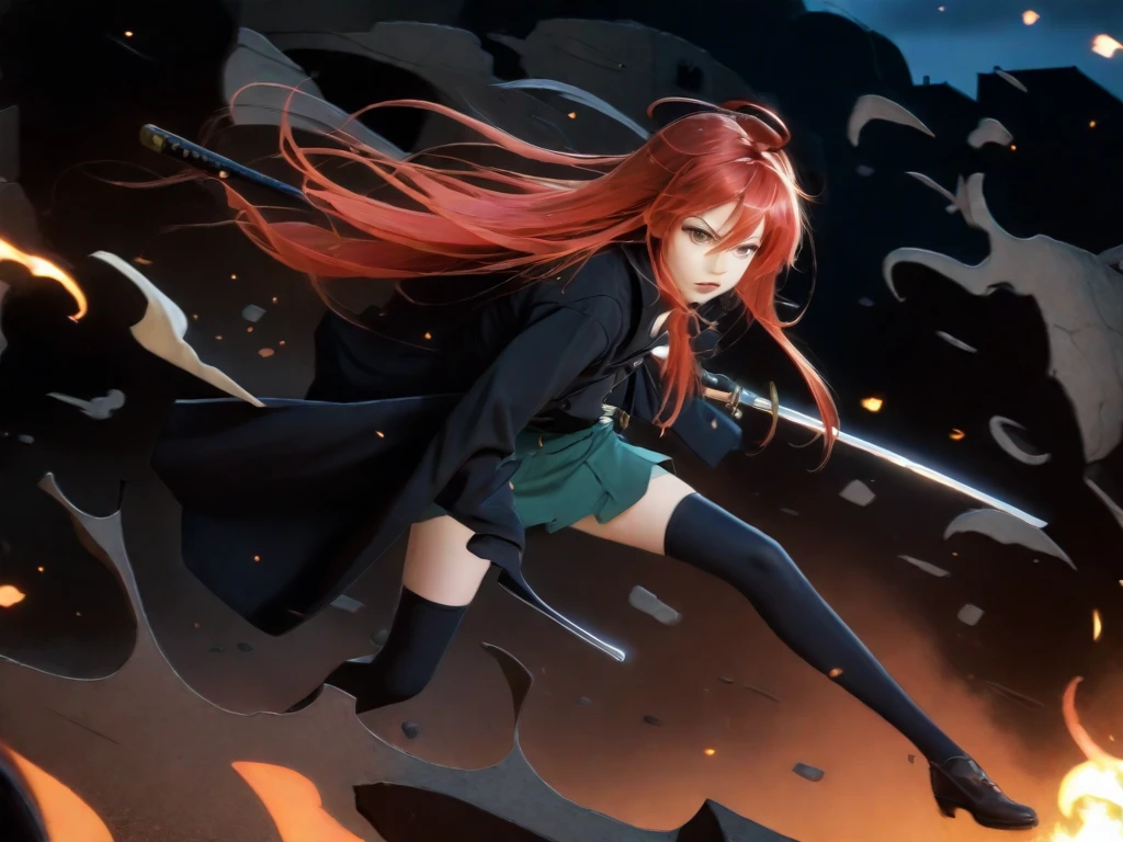 1 girl, cowboy shot, rubble ruins,a little anger, (battle preparation:1.2), open your mouth, (night:1.2), explosive inflammation,shana, red eyes, redhead, very long hair, (Ahoge:1.1), explosive flame,abandoned building,rubble serafuku, green skirt, Thighhighs,long Japanese sword wrapped in flames..,highest quality, masterpiece, High resolution, black long coat,Flaming on One Side ,black long sleeve,
shana, red eyes, red hair, very long hair, hair between eyes, ahoge),  score_9, score_8_up, score_7_up, source_anime, Swing a japannse sword with both hands ,(photo realistic:1.4),(realistic skin:1.4),photo realistic,Holding a Japanese sword with both hands,Battoujutsu,Put your hand on the pattern of a Japanese sword,A giant Japanese sword with a black handle,Red Sky,Burning Ground,Flames burning in the dark,Late Night,Point the blade upwards,Hold it with your reverse hand 