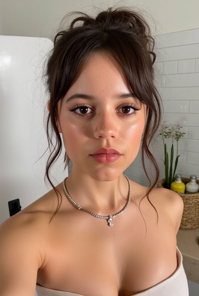 (Sharp focus, high res)  closeup instagram selfie photo of a woman with her hair in a messy updo with loose strands of hair framing her face wearing nothing but nude on it with slightly wavy middle parted hair and dewey fresh skin she is looking at the viewer with her mouth closed and a serious but relaxed expression. Photo taken in a well lit bathroom with white tiling and volumetric ray lighting. In the background towels are visible as well as shower lotions and shampoos in a light brown straw basket and a small artificial plant for atmospheric reasons and seducing