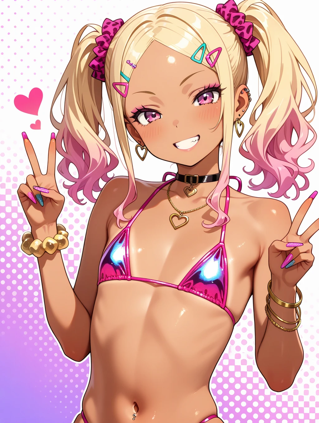 (young girl ,short stature,gyaru) ,flat chest,nsfw,big head, rotund.see-through one-piece-swimsuit,, random hair,