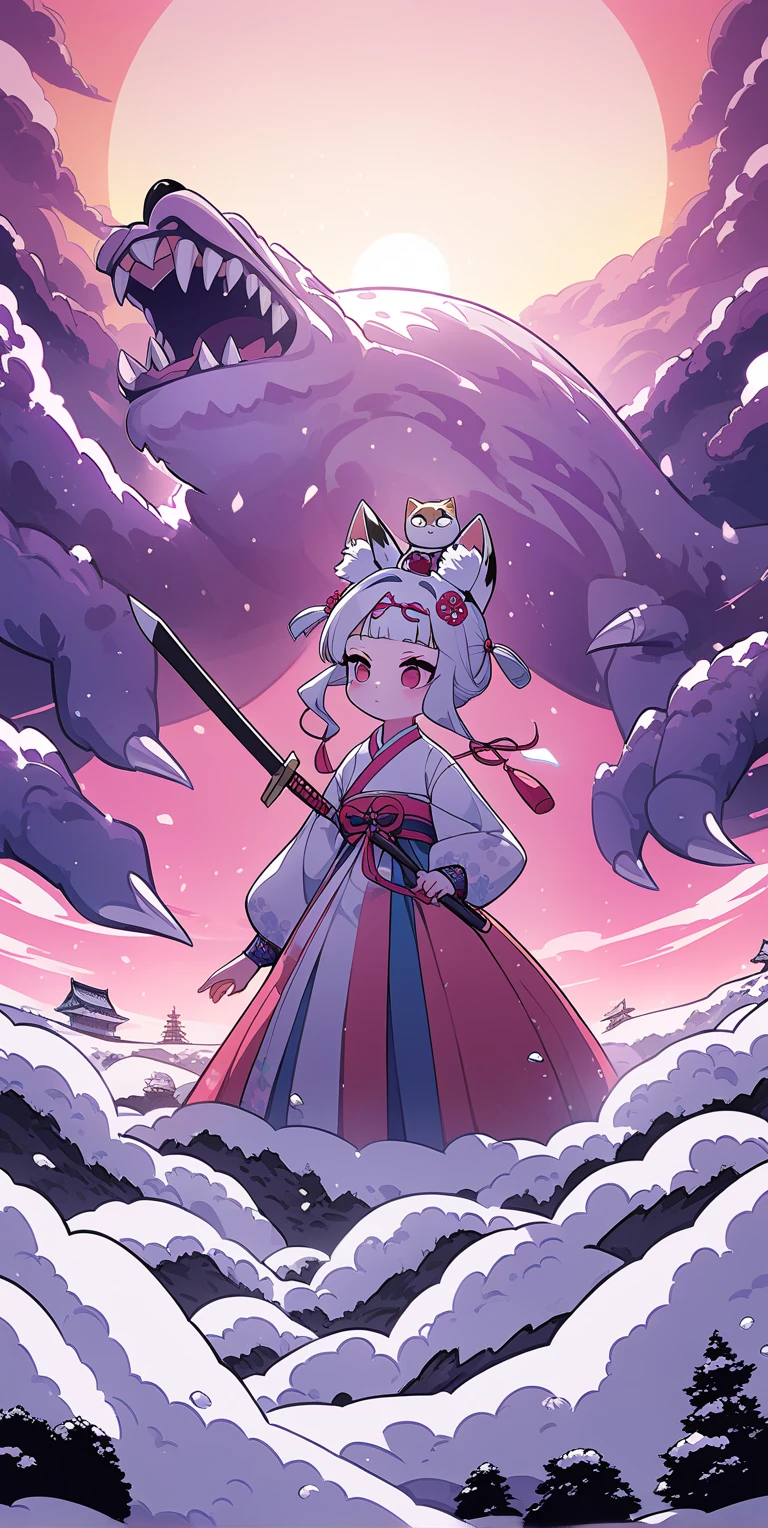 A girl wearing Hanbok, Korea's traditional clothing, cat ears on her head, fighting a white tiger monster on a hill, pointing a sword. Below the hill you can see the beach and the rising sun. Winter, snow, dawn, cartoon style, very detailed details,