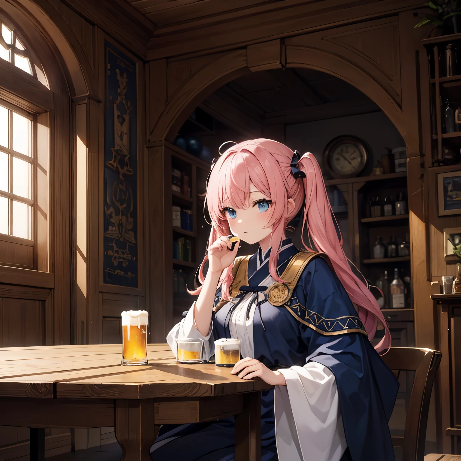 Extremely detailed, CG unity 8k Wallpaper, Masterpiece, best quality, ultra detailed, Best shadow, sharp lineart. Korean webtoon style, female girl with long pink hair, lazy low twin tails and blue eyes, is in a tavern, wearing medieval clothings. Camera zoomed out so theres people in teh tavern drinking beers. The girl is a medieval bard. looking to distant sky from the window.