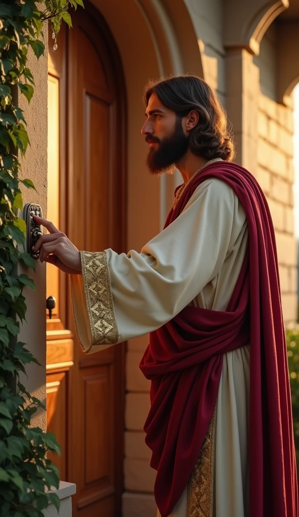 "A hyper-realistic 8K image of Jesus Christ pressing the doorbell of a wooden door. He stands with shoulder-length wavy hair, a well-groomed beard, and a serene expression. Jesus is dressed in richly detailed robes: a flowing cream-colored garment with intricate golden embroidery and a deep crimson sash draped elegantly over His shoulder, symbolizing majesty and grace. His index finger gently presses the metallic doorbell. The door features a classic design with rich natural wood grain and ornate carvings, framed by decorative stonework adorned with green ivy, adding a harmonious touch to the scene. The soft light of the sunset bathes the setting, casting a warm glow on His robes and the door, while a welcoming light from inside the house creates an atmosphere of divine warmth and peace."