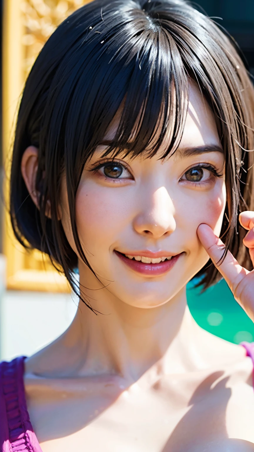 grin face, Outdoor sports, looking at viewert, cow boy shooting, (tmasterpiece), (Best quality), (Black Themes), 1 sister, day,