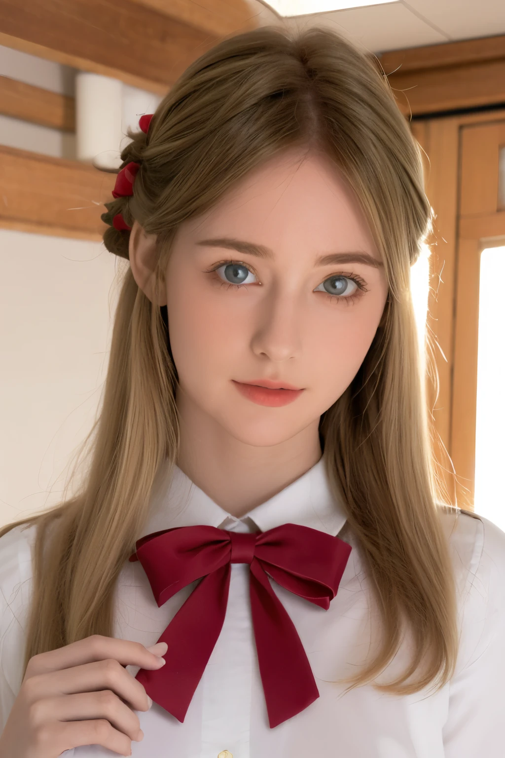  one girl,face,white色の背景,Kinematica Matrix 5,  beautiful, white , Big Nose, Curly Hair, Natural red cheeks,  20 year old girl, His eyes are blue. Her hair is voluminous. Vintage Outfit,  blondes ( blondes Hair)