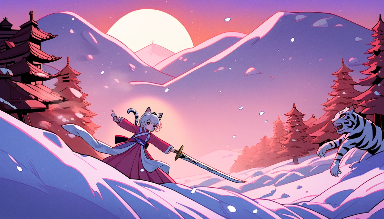 A girl wearing Hanbok, Korea's traditional clothing, cat ears on her head, fighting a white tiger monster on a hill, pointing a sword. Below the hill you can see the beach and the rising sun. Winter, snow, dawn, cartoon style, very detailed details,