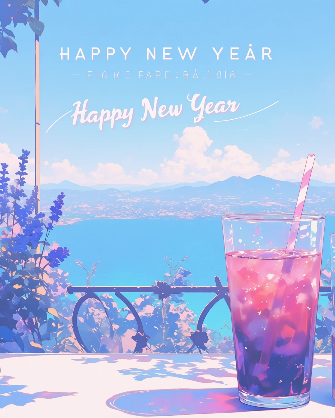 ("Happy New Year" will be displayed on the screen as a header. new year poster, Tourism poster). 
Tihanyi Bencés Apátság, Tihany Abbey in Hungary, Overlooking Lake Balaton, from the cafe terrace, The clear blue of Lake Balaton blends in with the sky, Amazing views, Ultra Wide Angle. Clear lavender juice on the table.  
xijie_blue, soft color