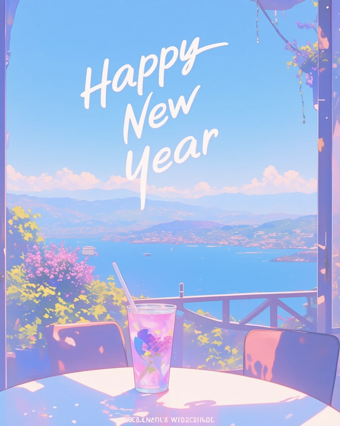 ("Happy New Year" will be displayed on the screen as a header. new year poster, Tourism poster). 
Tihanyi Bencés Apátság, Tihany Abbey in Hungary, Overlooking Lake Balaton, from the cafe terrace, The clear blue of Lake Balaton blends in with the sky, Amazing views, Ultra Wide Angle. Clear lavender juice on the table.  
xijie_blue, soft color