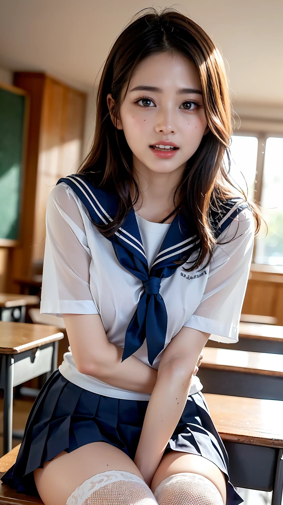 (at classroom, 1 girl, small breasts, medium long hair, sailor suit, short sleeve shirt, lifting miniskirt, white panties, Spread legs, squatting:1.5), fair-skinned, glossy lips, skinny, body type, delicate and sexy clavicle, highest quality, RAW photo, realistic, face, incredibly ridiculous beautiful girl, cute, Depth of bounds written, High resolution, ultra detail, detailed, Very detailed, extremely detailed eye and face, sharp pupils, sharp focus, cinematic lighting
