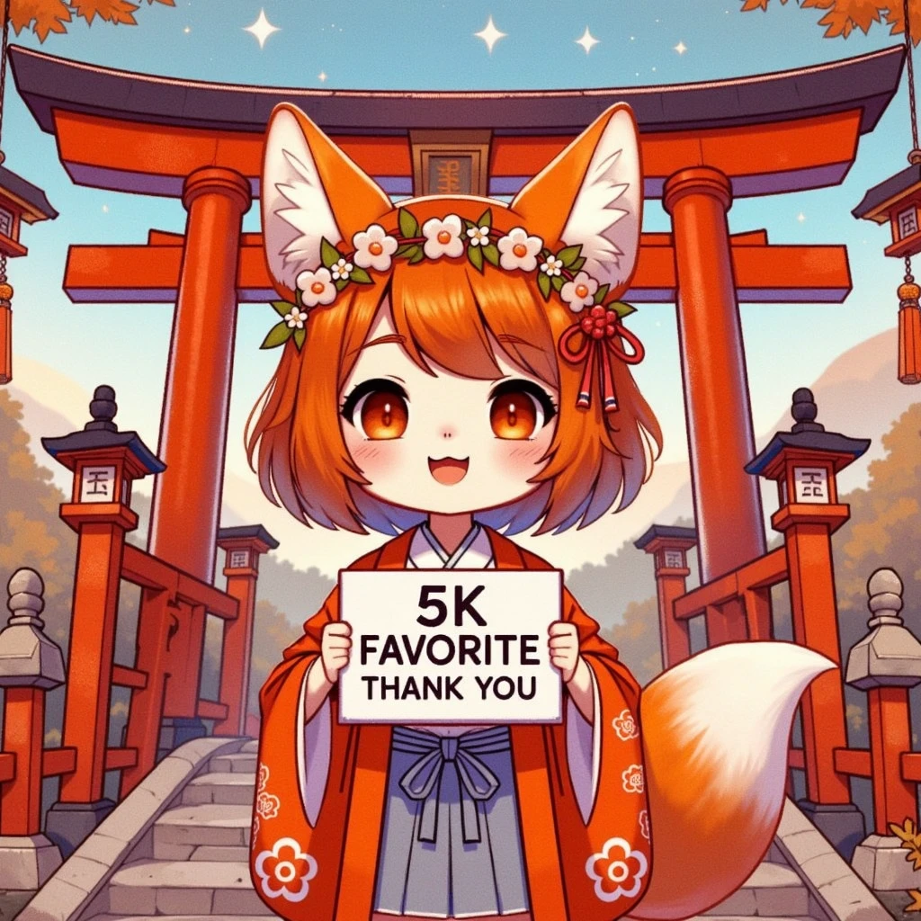 masterpiece、 digital art、 Poster Designs 、 little character、 cute、Fox Girl、It's hanging a sign saying “5K 　favorite　They are holding a sign with “Thank you” written on it,Inari Shrine torii gate 、