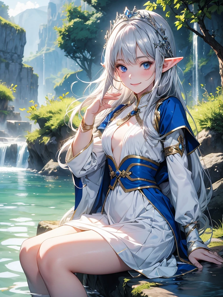 woods, Nature, Beautiful nature, medieval city background, smile, Smiling, solo, 1girl, soft smile, slender figure, slim, skinny, short height, Sexy, Beautiful composition, the trees, beatiful face, handsome body (Body Full 1.1.), Beautiful figure, in full height (Body Full 1.1.), closed mouth, Digital Art, sexypose, beautiful breasts, Medium-sized breasts, High Elf Knight(Body Full 1.1) elf, (Dark Blue eyes:1.5), white hair, long hair, braid on hair, silver hair, Knight, Beautiful figure, beautiful breasts, (Fullness of the body.1,1) silver hair, Hair between the eyes, hairlong, long hair, straight hair, pointed ears, long ears, side locks, bangs, Asymmetrical Clothing, cloak, elf, (Masterpiece:1.2), Best Quality, High Resolution, Unity 8k Wallpaper, (illustration:0.8), (beautiful detail eyes:1.6), extremely detailed face, perfect lighting, extremely detailed CGI, (perfect arms, perfect anatomy), epic composition, sundress, white dress, flowers in hands, hair braid on head, braid, tress, tress on head, golden spear sheathed on her back diagonally, looking at viewer, cleavage, necklace, sitting, legs spread