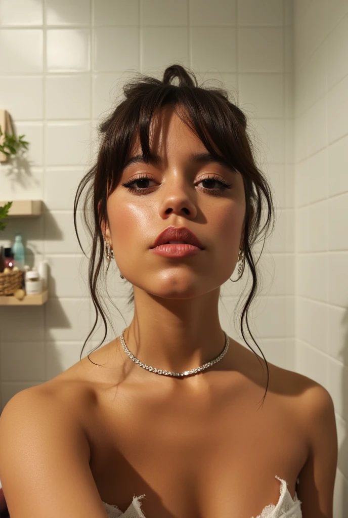 (Sharp focus, high res)  closeup instagram selfie photo of a woman with her hair in a messy updo with loose strands of hair framing her face wearing nothing but nude on it with slightly wavy middle parted hair and dewey fresh skin she is looking at the viewer with her mouth closed and a serious but relaxed expression. Photo taken in a well lit bathroom with white tiling and volumetric ray lighting. In the background towels are visible as well as shower lotions and shampoos in a light brown straw basket and a small artificial plant for atmospheric reasons and the woman is seductive, showing nipples